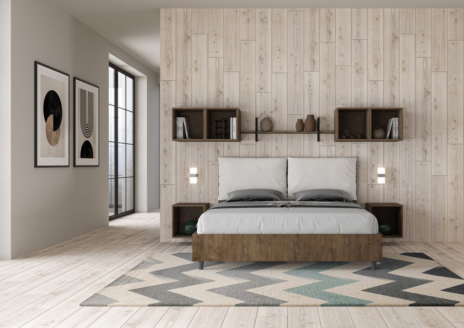 BS COM Letto matrimoniale contenitore doppia alzata 160x190 Noce cuscini similpelle bianco