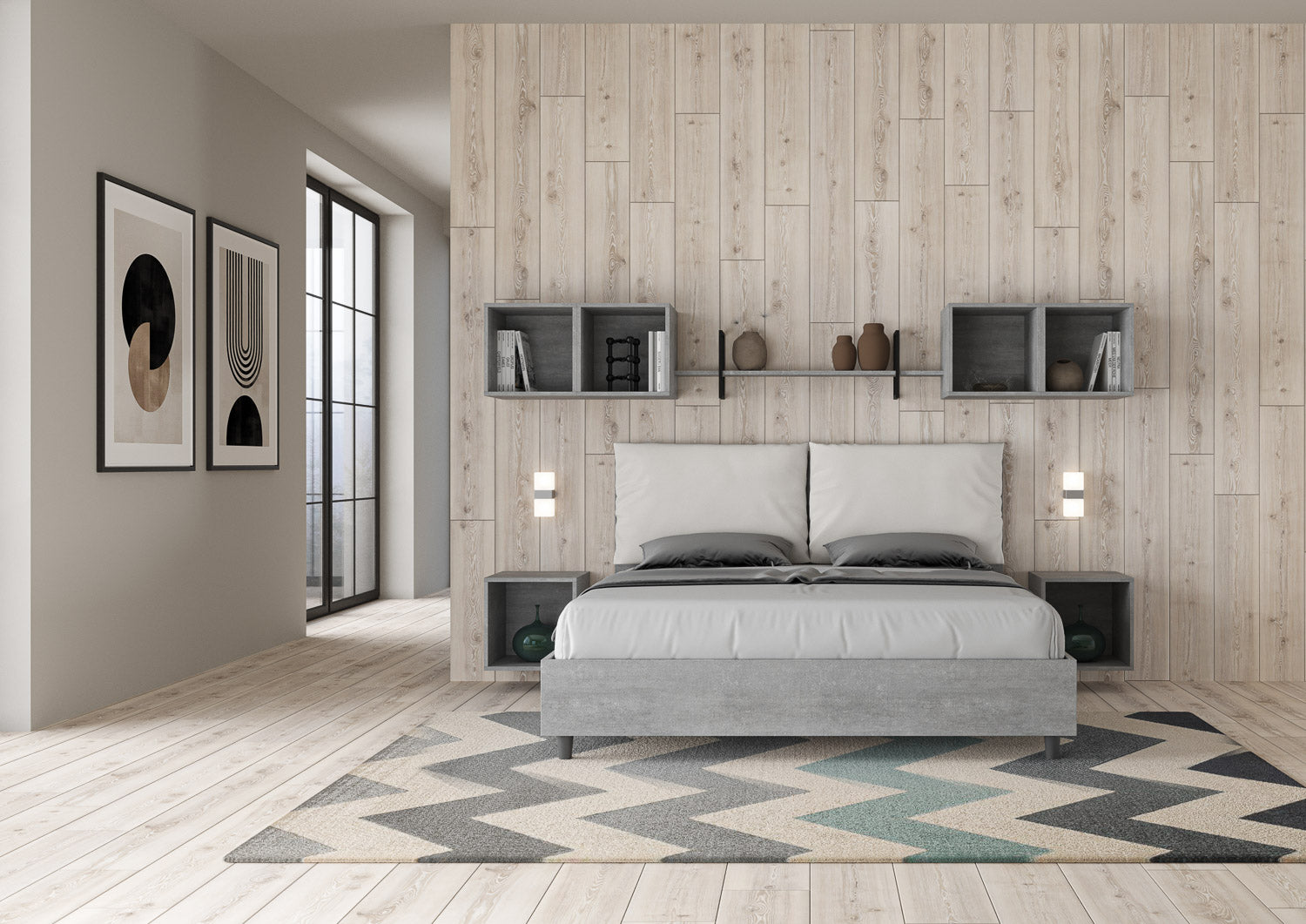 BS COM Letto matrimoniale contenitore doppia alzata 160x190 Cemento cuscini similpelle bianco