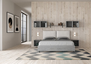 BS COM Letto matrimoniale contenitore doppia alzata 160x190 Cemento cuscini similpelle bianco