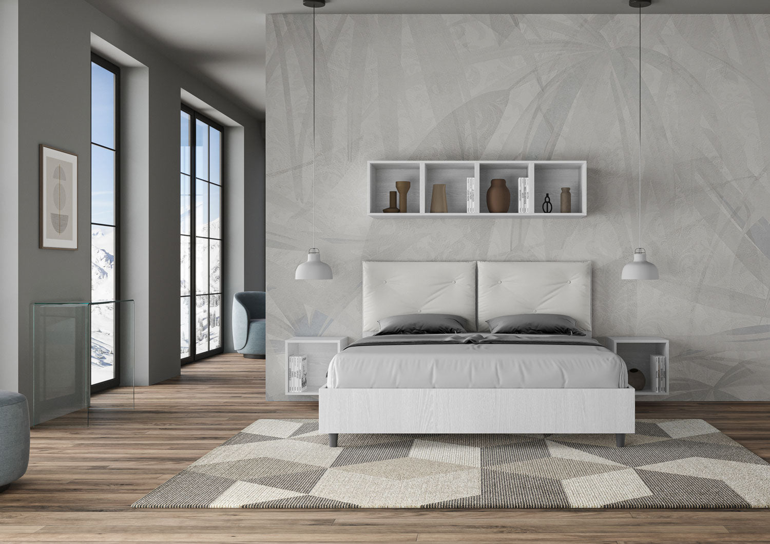 BS COM Letto matrimoniale con rete 160x200 bianco frassino cuscini similpelle bianco