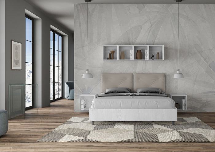 BS COM Letto matrimoniale con rete 160x200 bianco frassino cuscini similpelle tortora