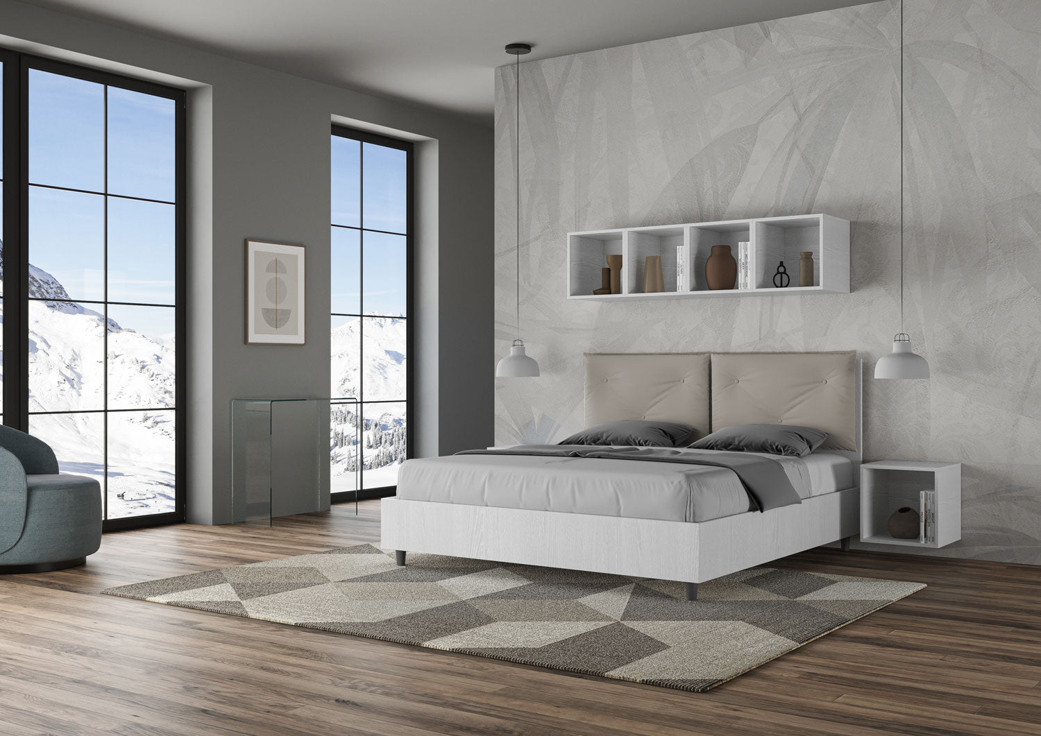 BS COM Letto matrimoniale con rete 160x200 bianco frassino cuscini similpelle tortora