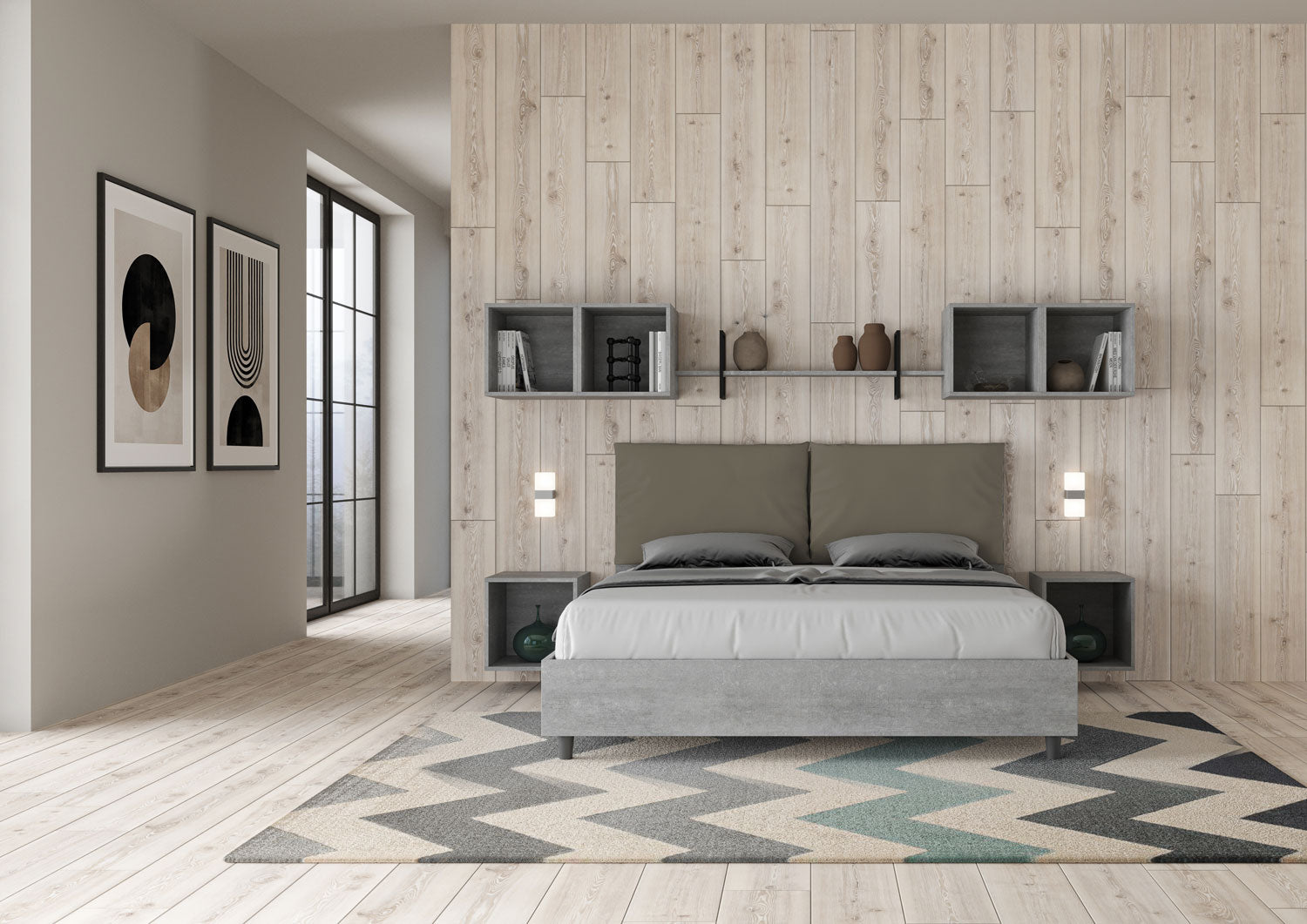 BS COM Letto matrimoniale contenitore doppia alzata 160x200 Cemento cuscini similpelle cappuccino