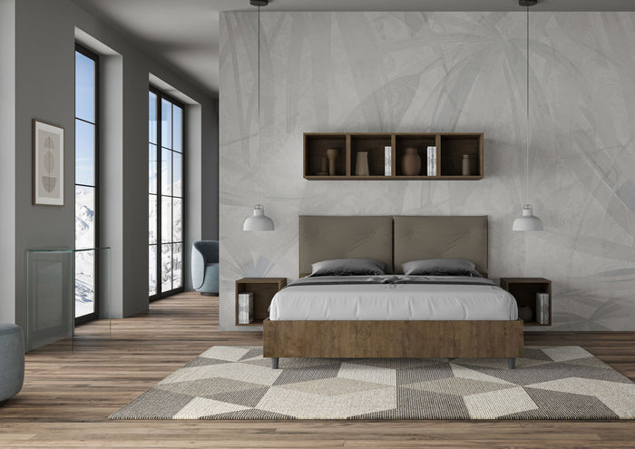 BS COM Letto matrimoniale con rete 160x200 Noce cuscini similpelle cappuccino