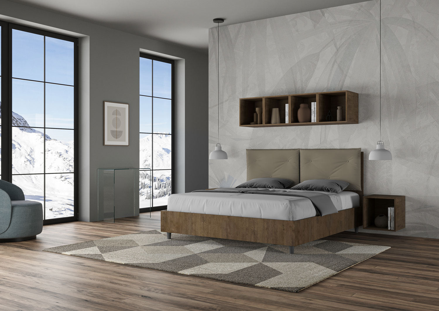 BS COM Letto matrimoniale con rete 160x200 Noce cuscini similpelle cappuccino