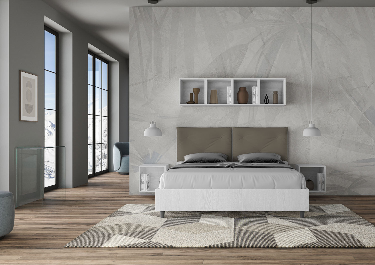 BS COM Letto matrimoniale con rete 160x190 bianco frassino cuscini similpelle cappuccino