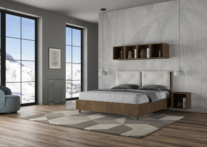 BS COM Letto matrimoniale con rete 160x200 Noce cuscini similpelle bianco