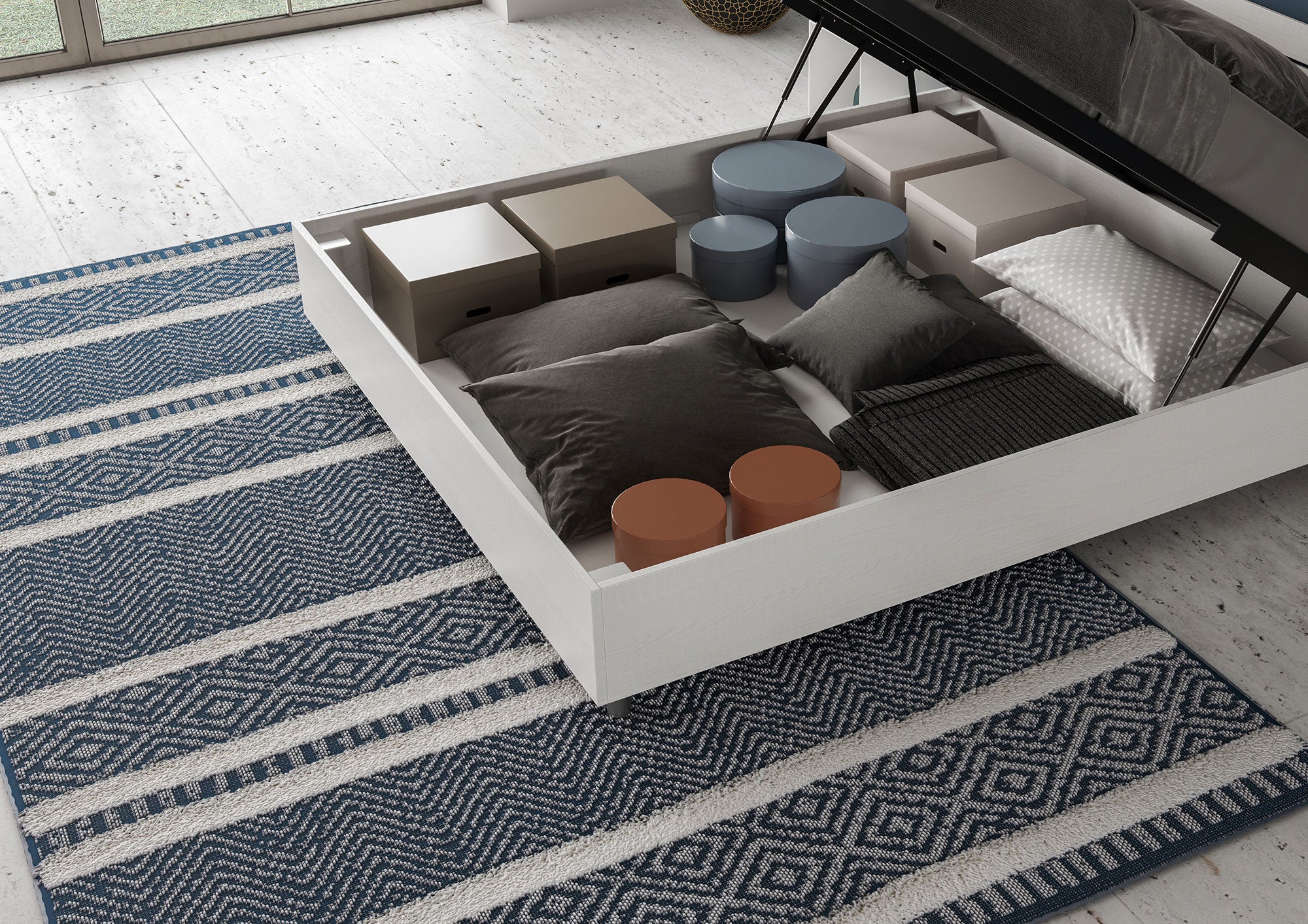 BS COM Letto matrimoniale contenitore 160x200 bianco frassino cuscini similpelle tortora