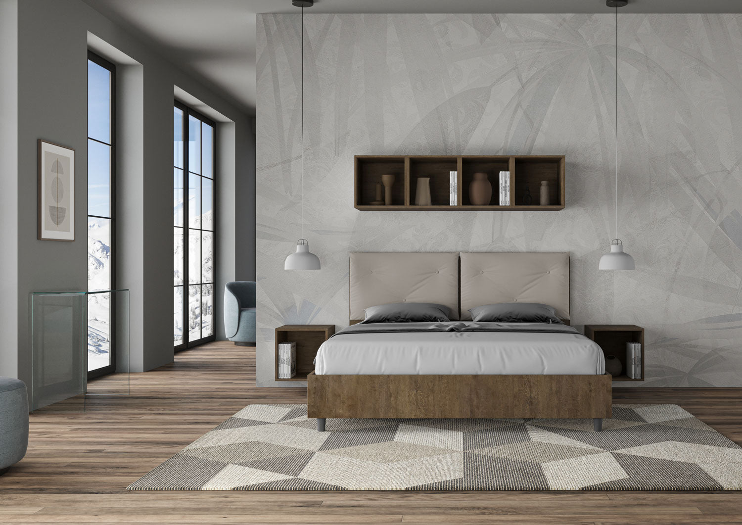 BS COM Letto matrimoniale contenitore 160x190 Noce cuscini similpelle tortora