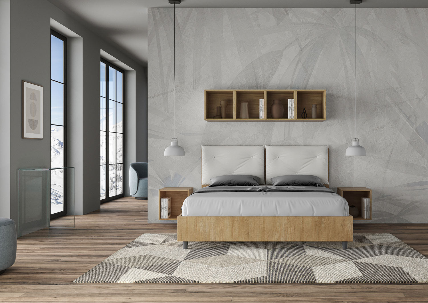 BS COM Letto matrimoniale contenitore doppia alzata 160x190 Quercia cuscini similpelle bianco