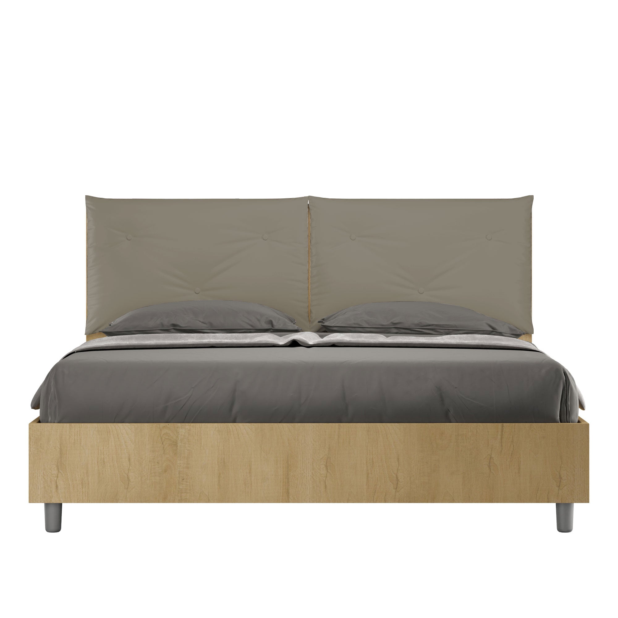BS COM Letto matrimoniale contenitore doppia alzata 160x190 Quercia cuscini similpelle cappuccino