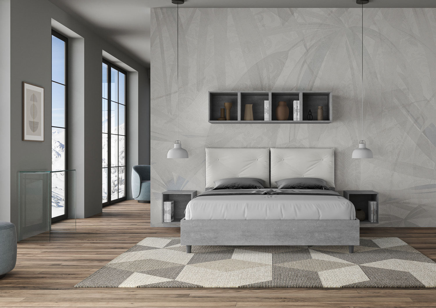 BS COM Letto matrimoniale contenitore doppia alzata 160x190 Cemento cuscini similpelle bianco