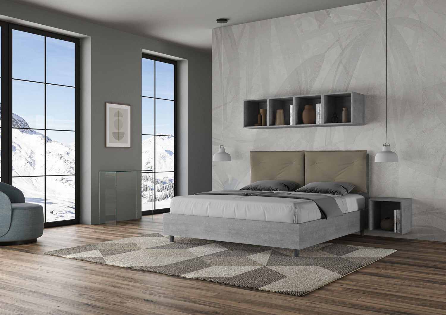 BS COM Letto matrimoniale contenitore doppia alzata 160x190 Cemento cuscini similpelle cappuccino