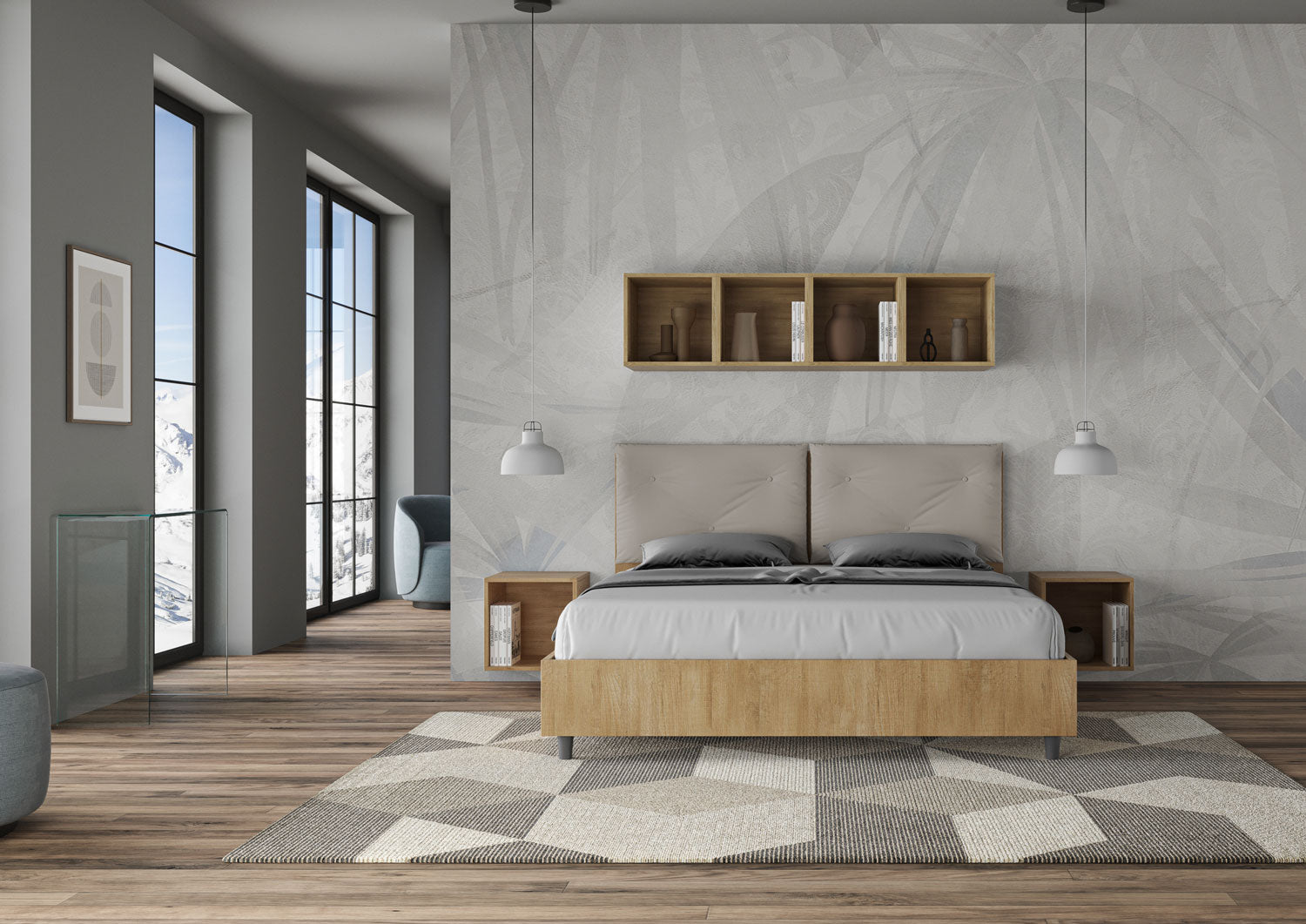 BS COM Letto matrimoniale contenitore 160x200 Quercia cuscini similpelle tortora