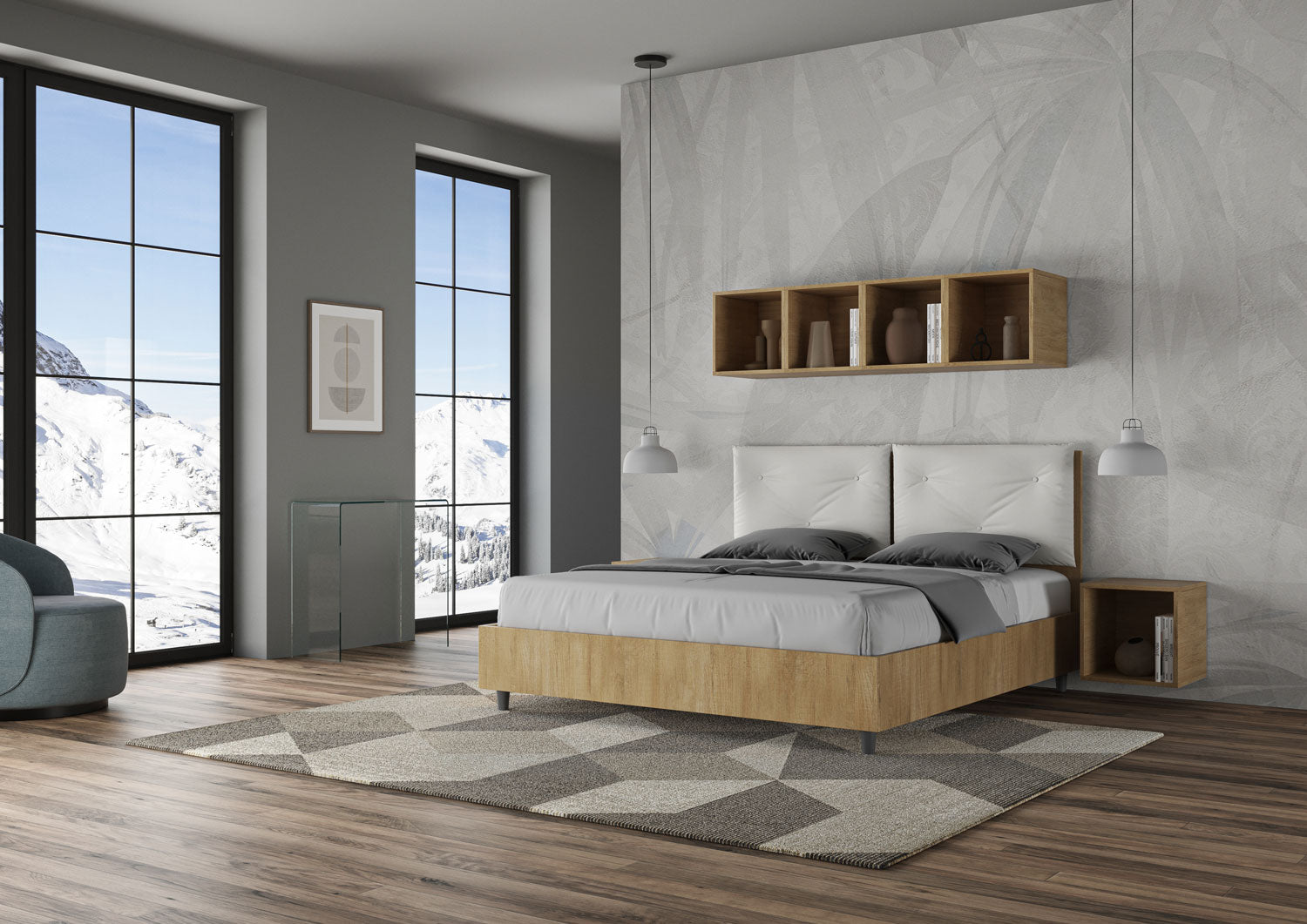 BS COM Letto matrimoniale contenitore 160x200 Quercia cuscini similpelle bianco