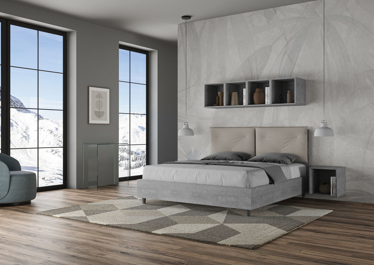 BS COM Letto matrimoniale contenitore 160x190 Cemento cuscini similpelle tortora