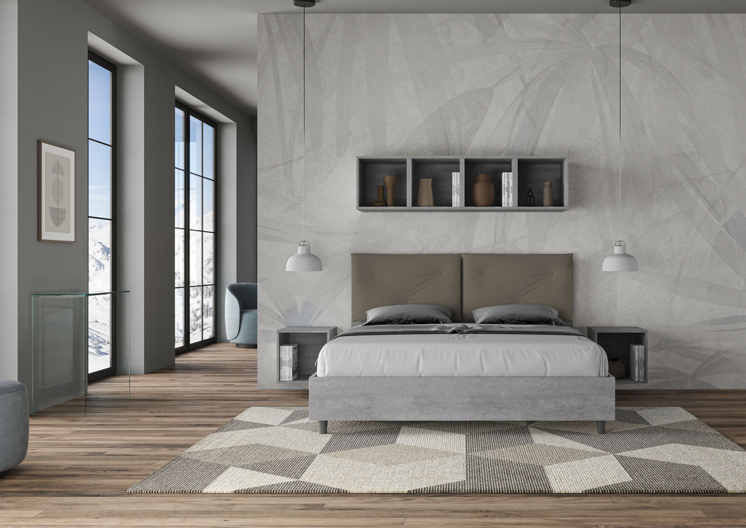 BS COM Letto matrimoniale contenitore 160x200 Cemento cuscini similpelle cappuccino