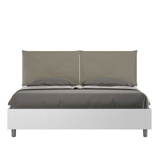 BS COM Letto matrimoniale contenitore doppia alzata 160x190 bianco frassino cuscini similpelle cappuccino