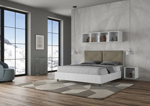 BS COM Letto matrimoniale contenitore doppia alzata 160x200 bianco frassino cuscini similpelle cappuccino