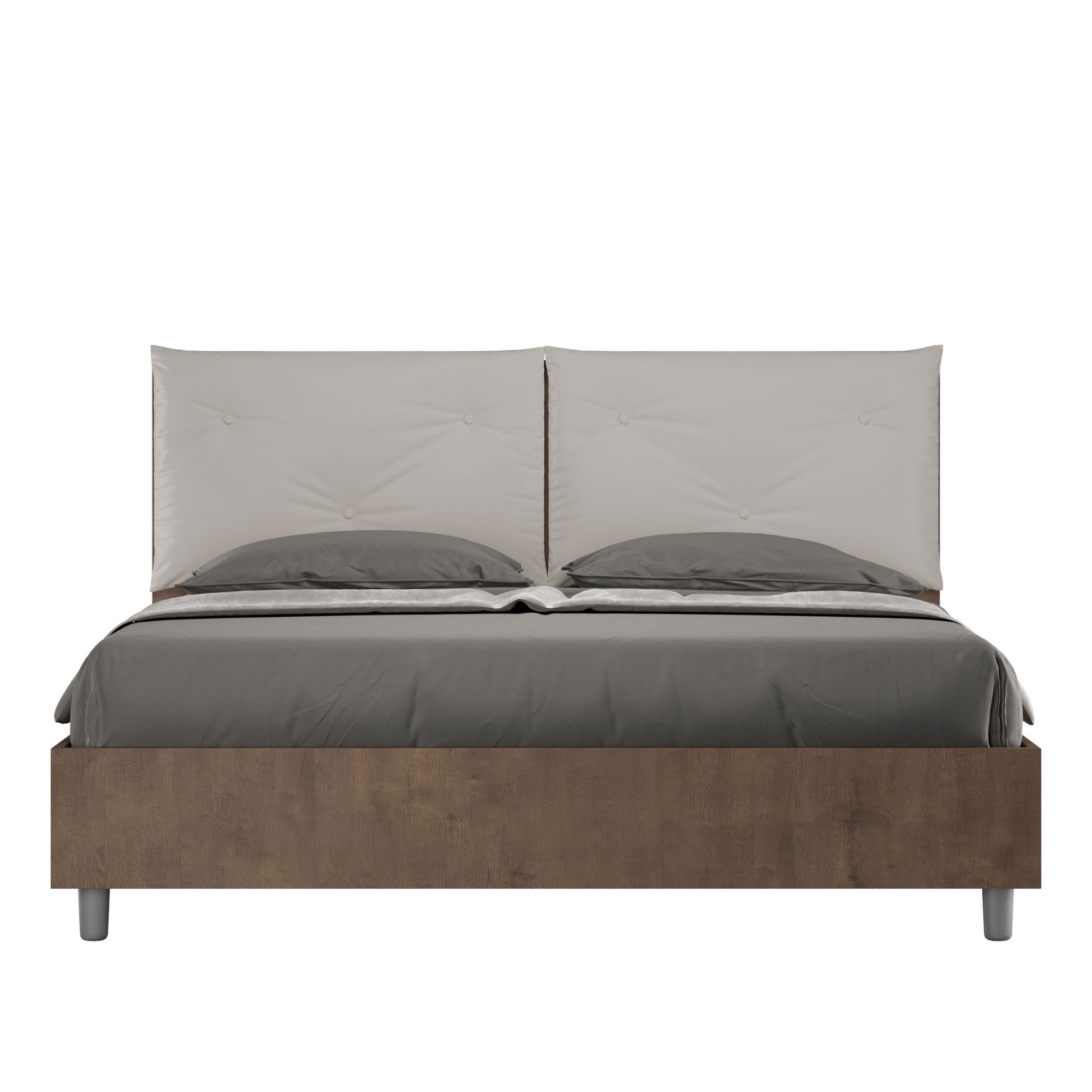 BS COM Letto matrimoniale contenitore doppia alzata 160x200 Noce cuscini similpelle tortora