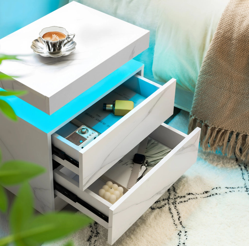 Comodino Moderno con Luce LED Regolabile e 2 Cassetti, Tavolino da Camera Bianco Pietra