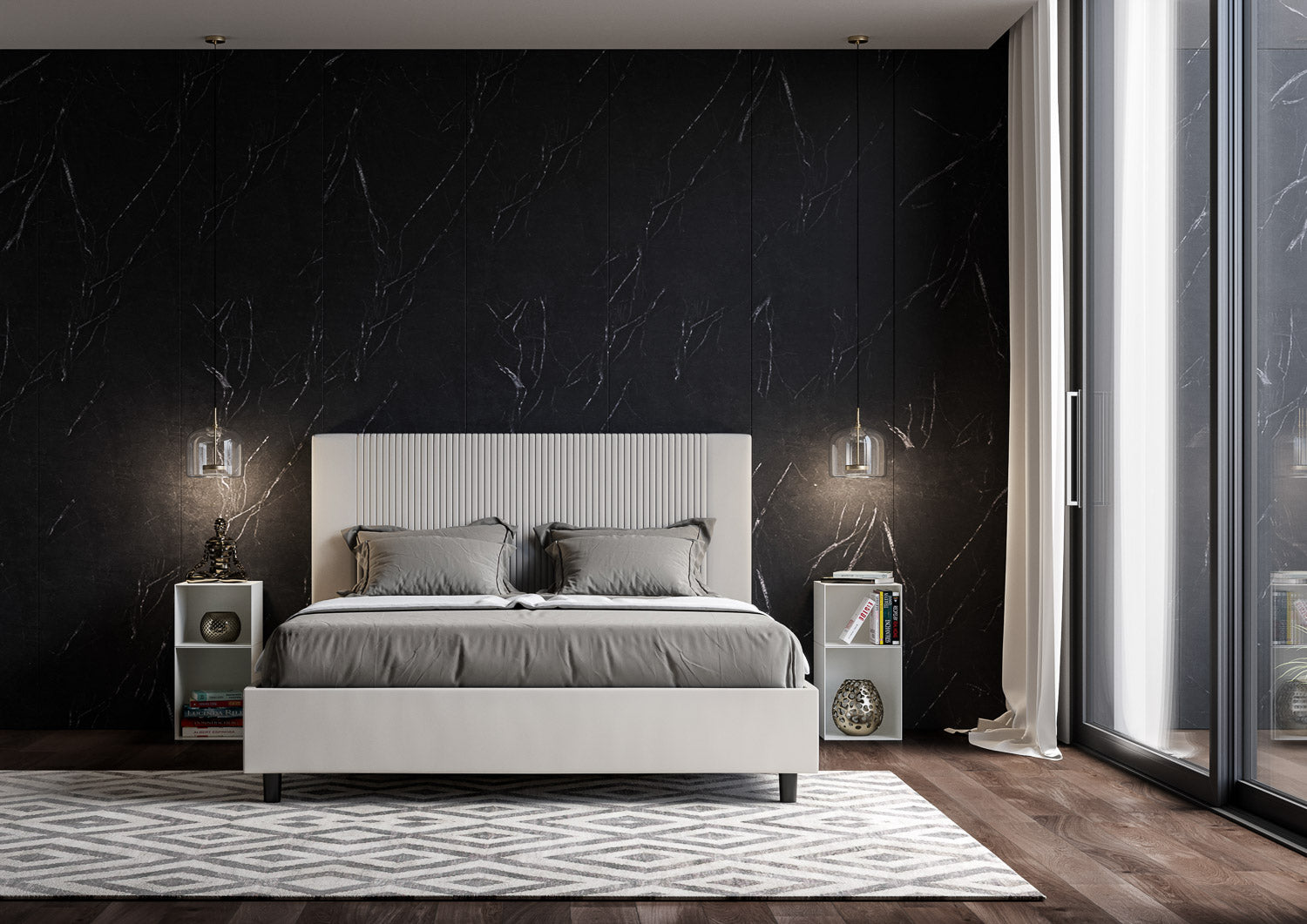 BS COM Letto matrimoniale francese contenitore imbottito 140x200 similpelle bianco