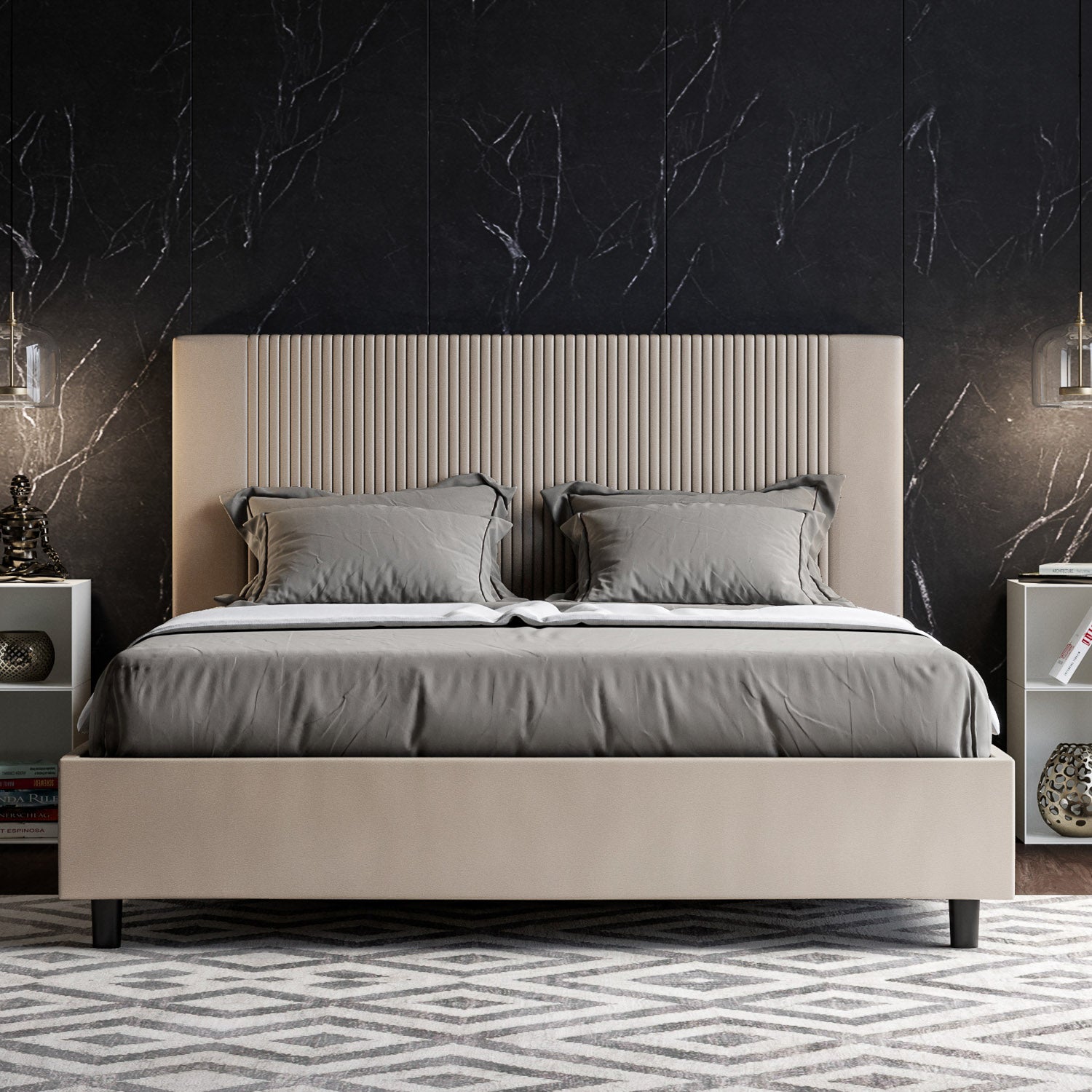 BS COM Letto matrimoniale francese contenitore imbottito 140x190 similpelle tortora