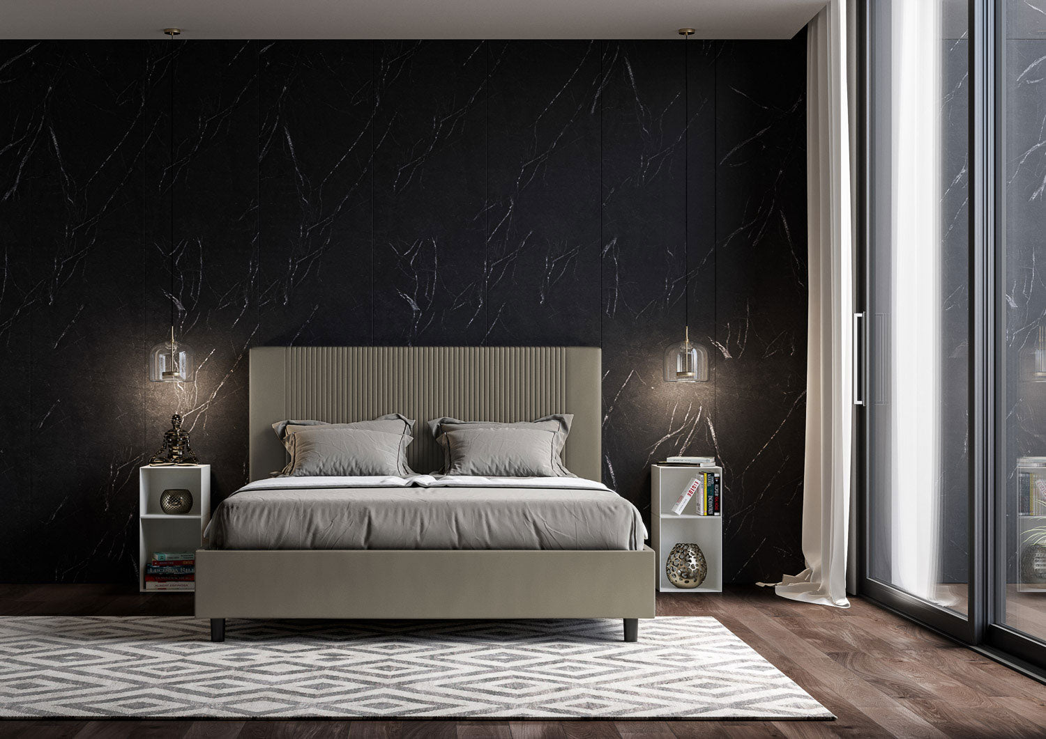 BS COM Letto matrimoniale francese contenitore imbottito 140x210 similpelle cappuccino