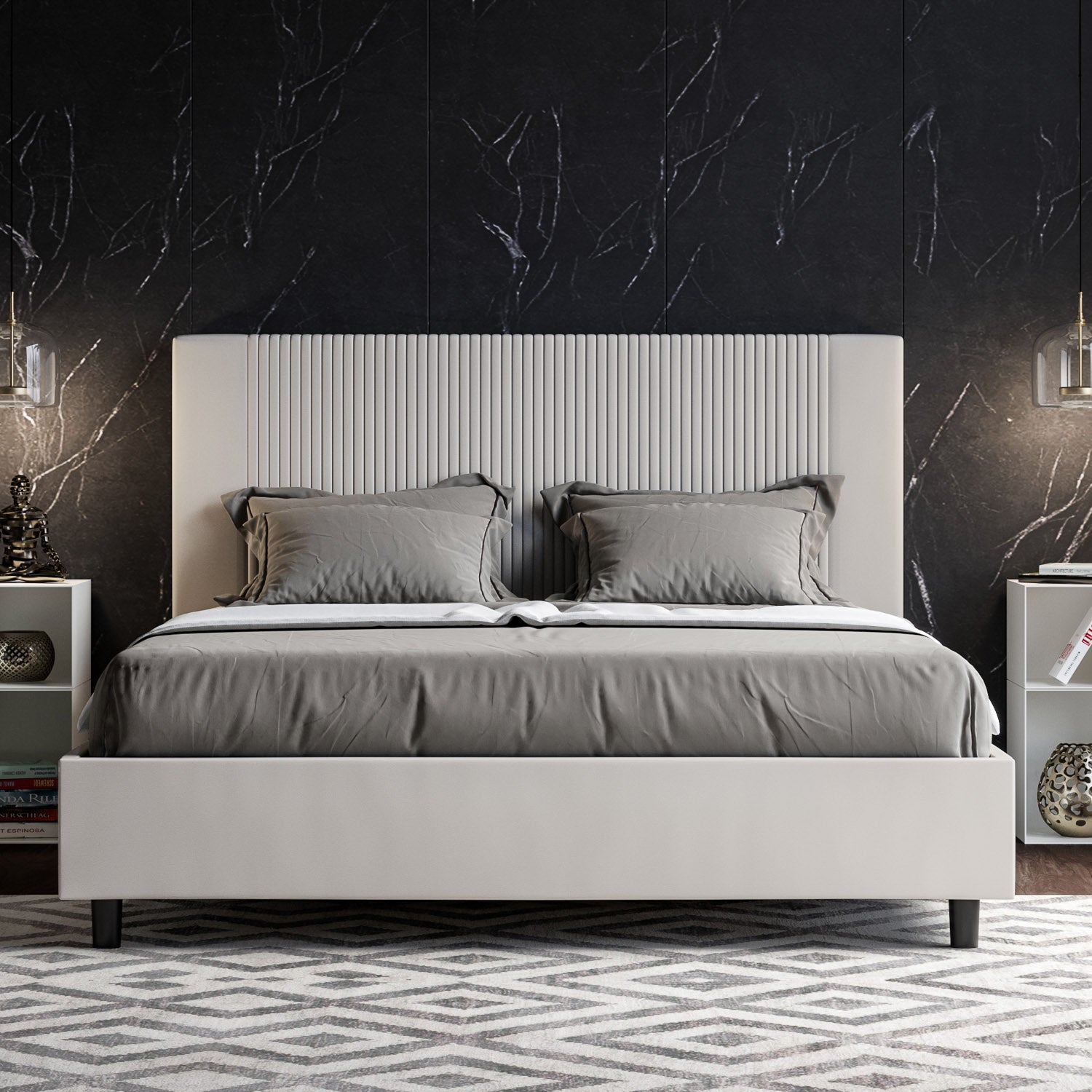 BS COM Letto matrimoniale contenitore imbottito 160x210 similpelle bianco