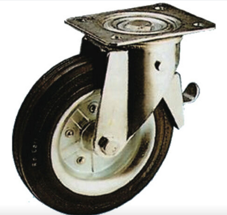 RUOTA FORCELLA ROTANTE CON FRENO E SUPPORTO A PIASTRA GIREVOLE MM.140 A.350/FR