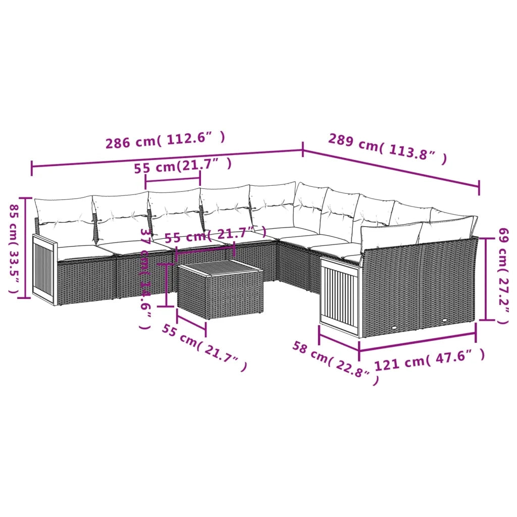 Set Divani da Giardino 11 pz con Cuscini in Polyrattan Nero 3228036