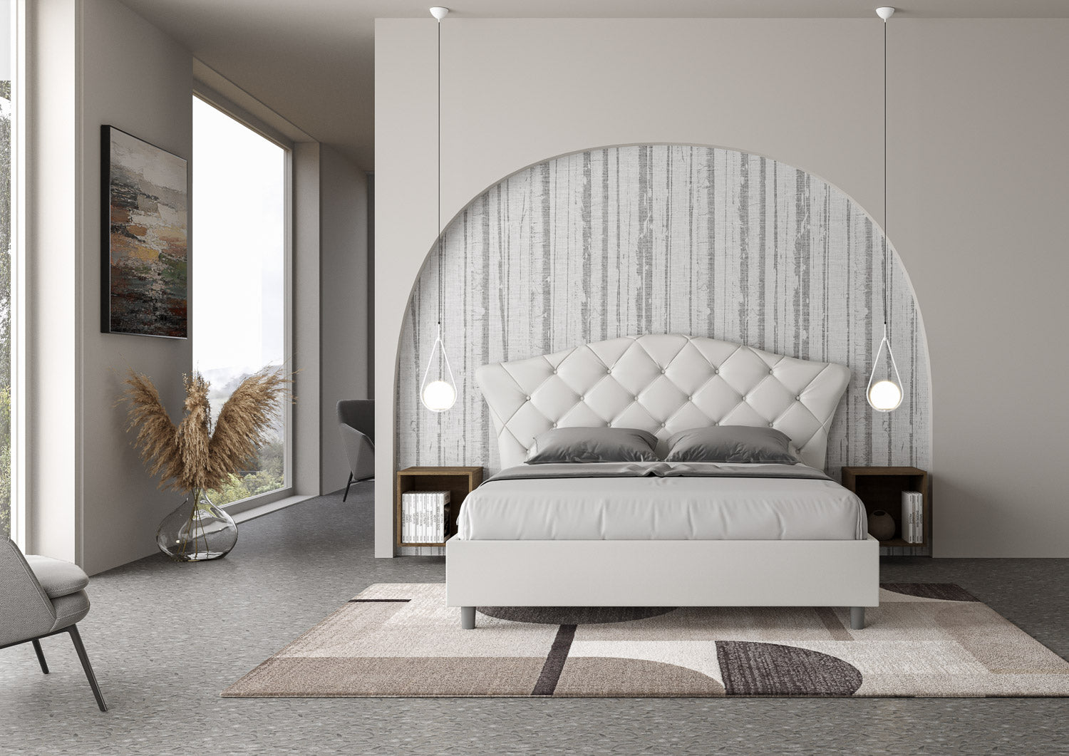 BS COM Letto matrimoniale contenitore doppia alzata imbottito 160x200 similpelle bianco