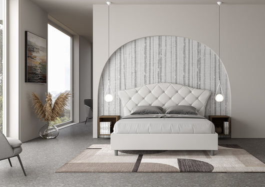 BS COM Letto matrimoniale contenitore doppia alzata imbottito 160x200 similpelle bianco