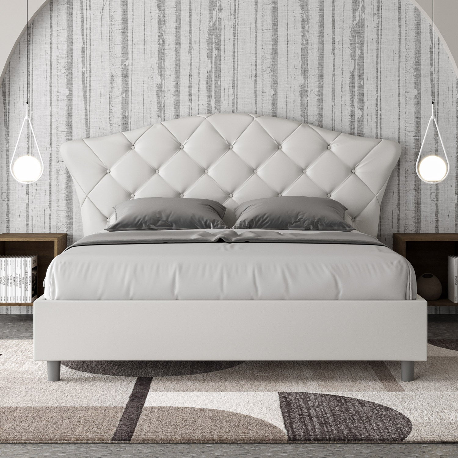 BS COM Letto matrimoniale contenitore doppia alzata imbottito 160x210 similpelle bianco