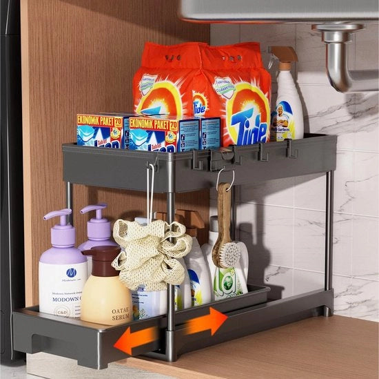 Organizzatore sotto lavandino a doppia lastra, cassettiera sotto lavandino con 10 ganci, contenitore per utensili con lavello e cassetta apribile, con lavello, nero