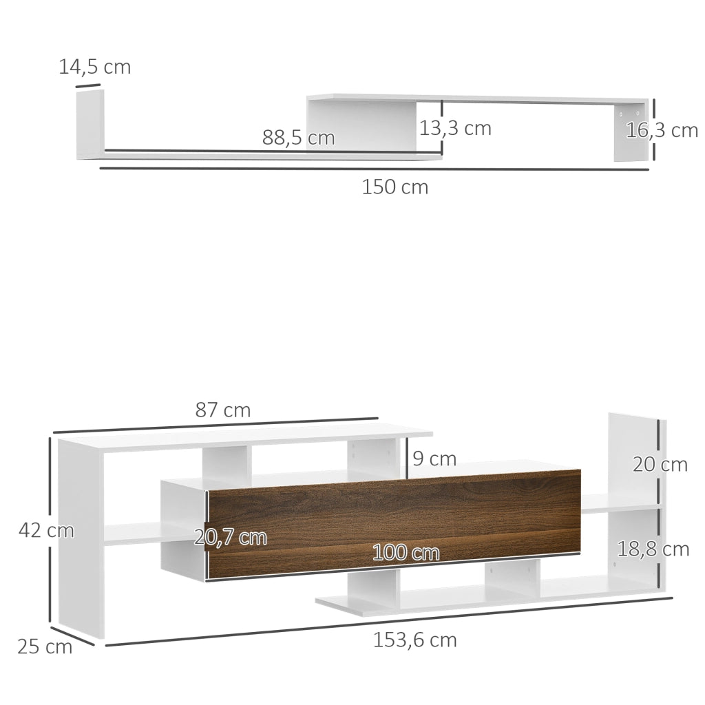 Mobile TV e Mensola Parete ¨C Minimal ¨C 153.6x25x42 cm e 150x14.5x16.3 cm Bianco e Marrone