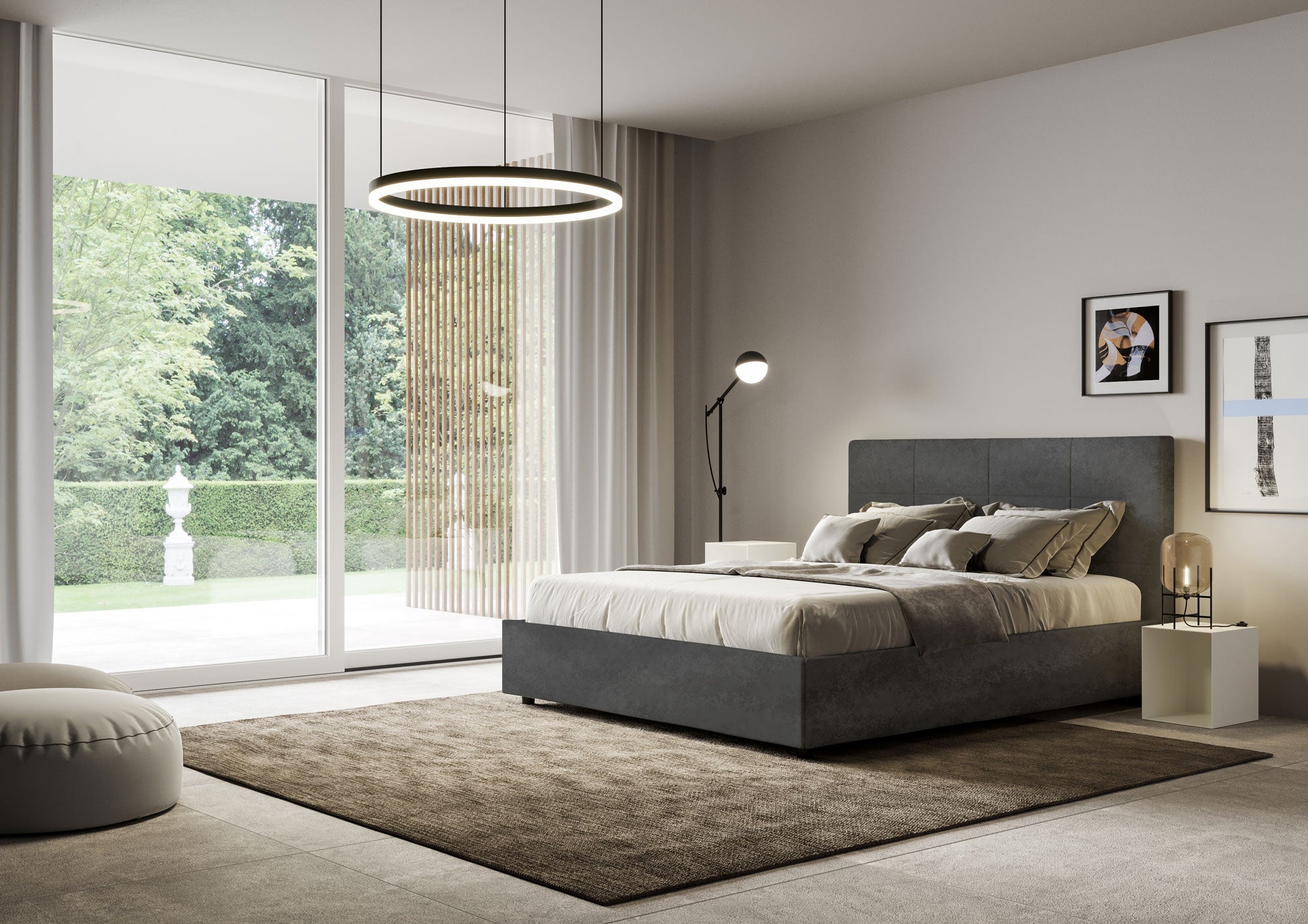 BS COM Letto matrimoniale francese contenitore imbottito 140x200 microfibra grigio