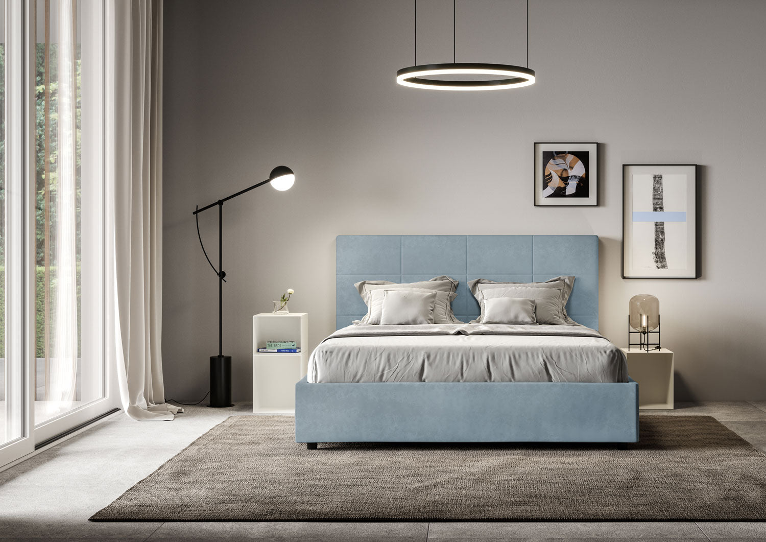 BS COM Letto matrimoniale contenitore imbottito 160x190 microfibra azzurro