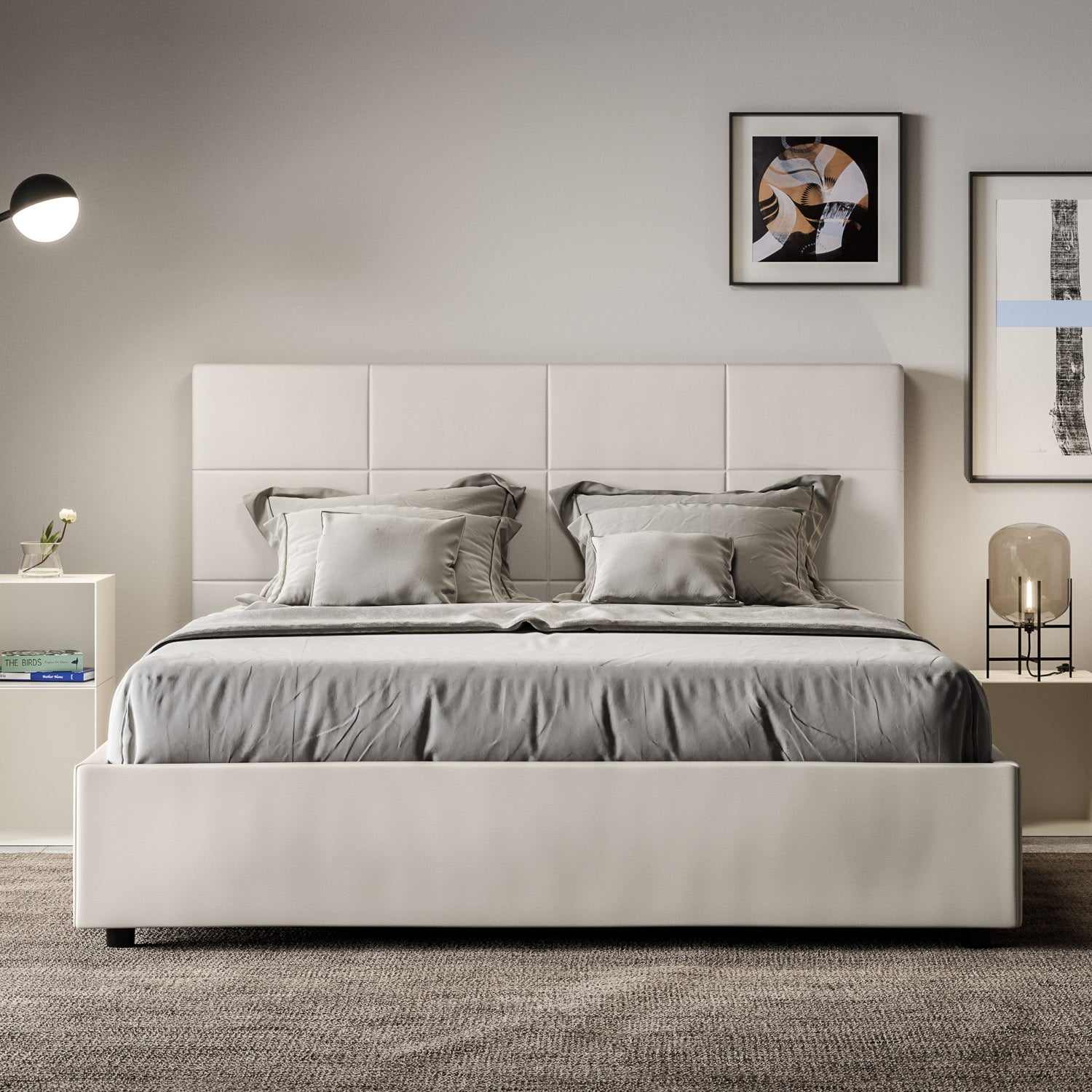 BS COM Letto matrimoniale contenitore imbottito 160x210 similpelle bianco