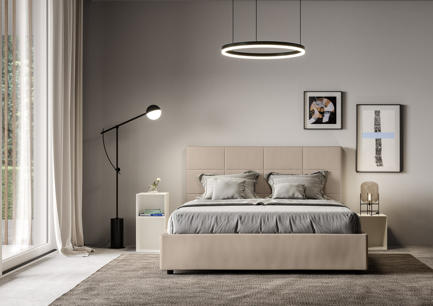 BS COM Letto matrimoniale francese contenitore imbottito 140x210 similpelle tortora