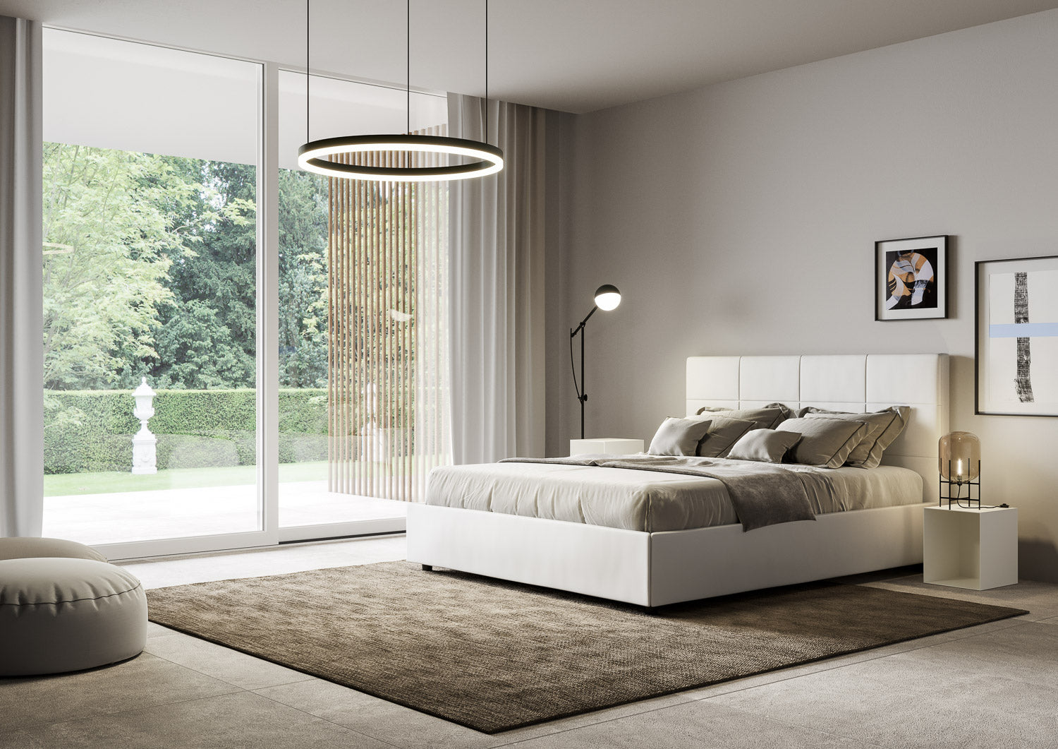 BS COM Letto matrimoniale francese contenitore imbottito 140x210 similpelle bianco