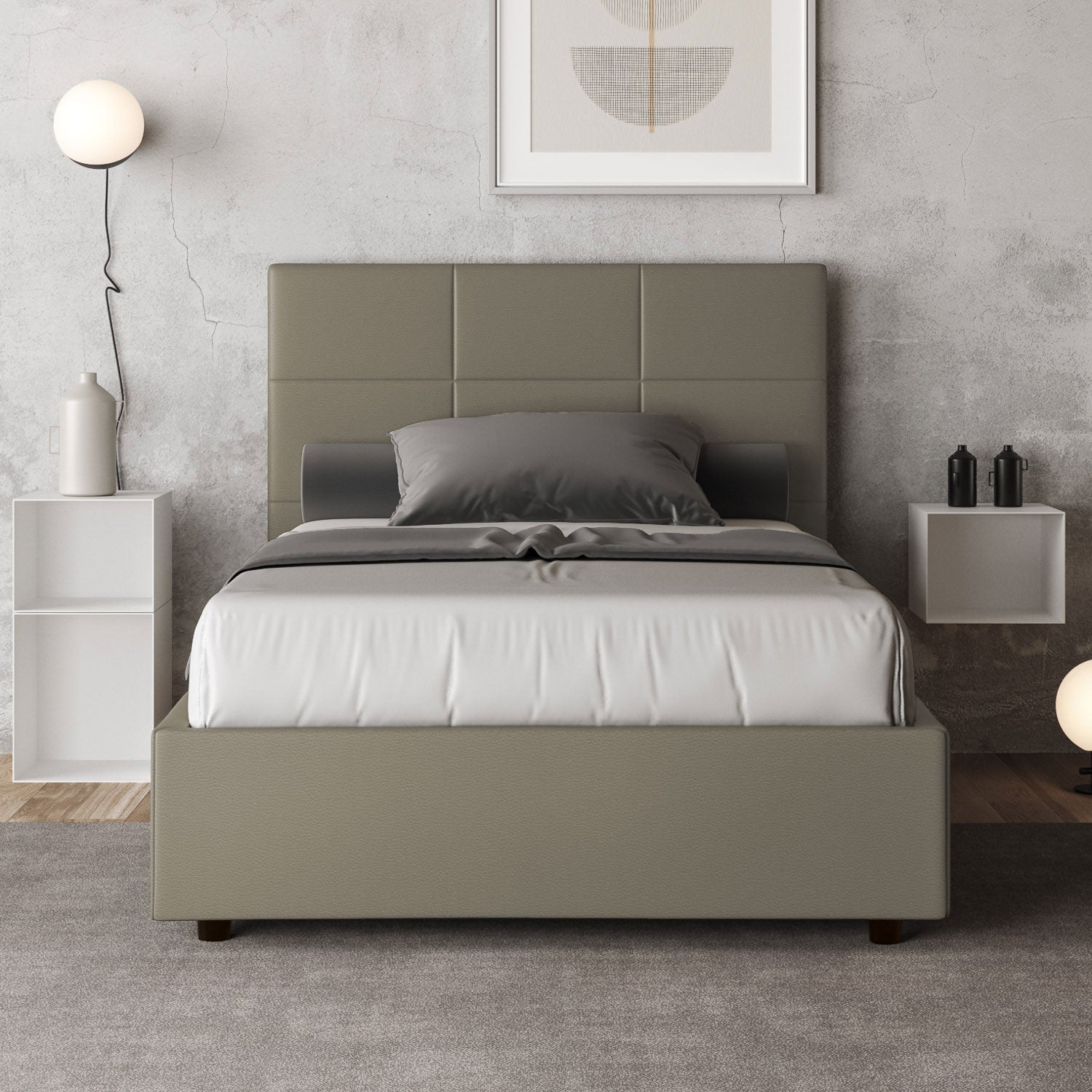 BS COM Letto una piazza e mezza contenitore imbottito 120x210 similpelle cappuccino