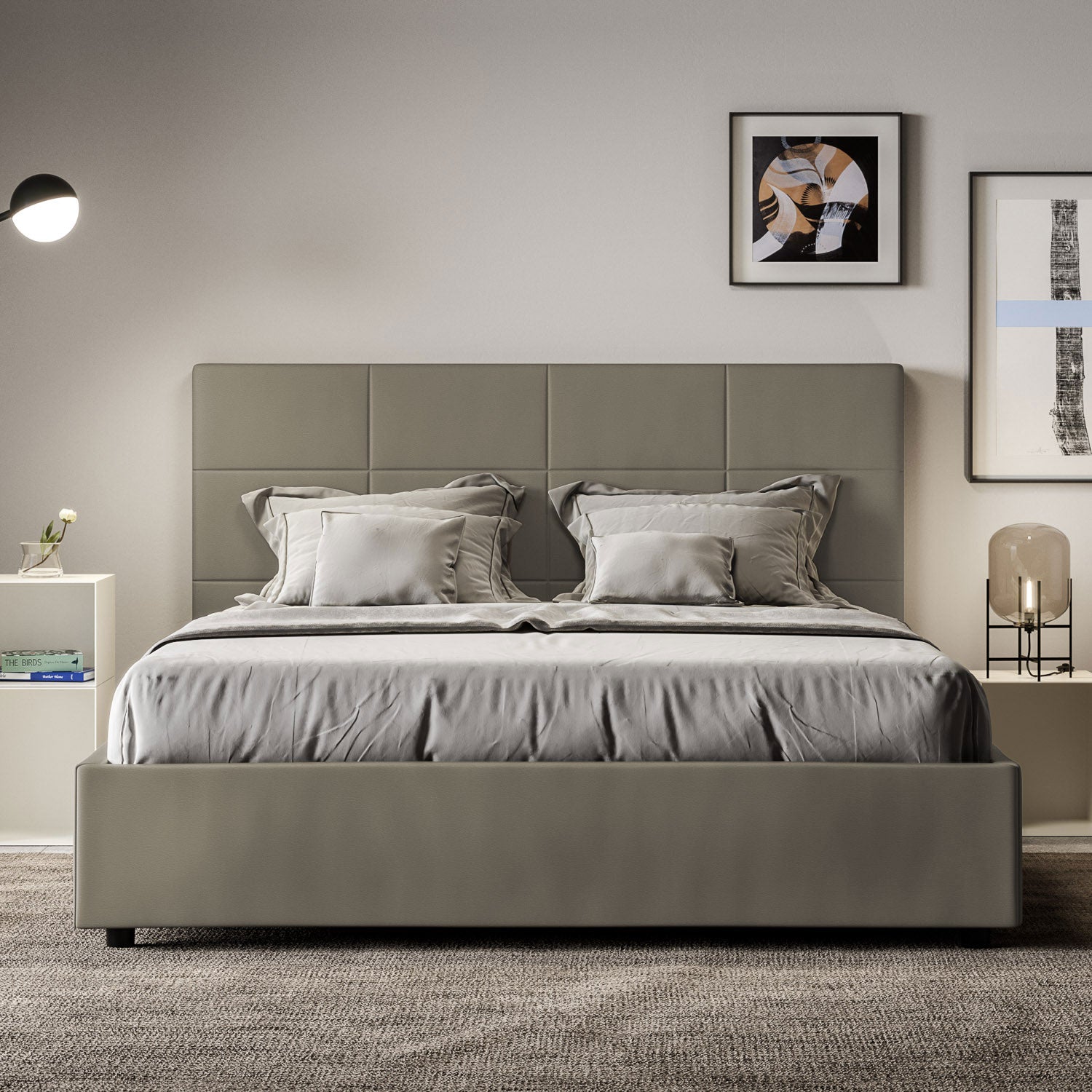 BS COM Letto matrimoniale contenitore doppia alzata imbottito 160x200 similpelle cappuccino