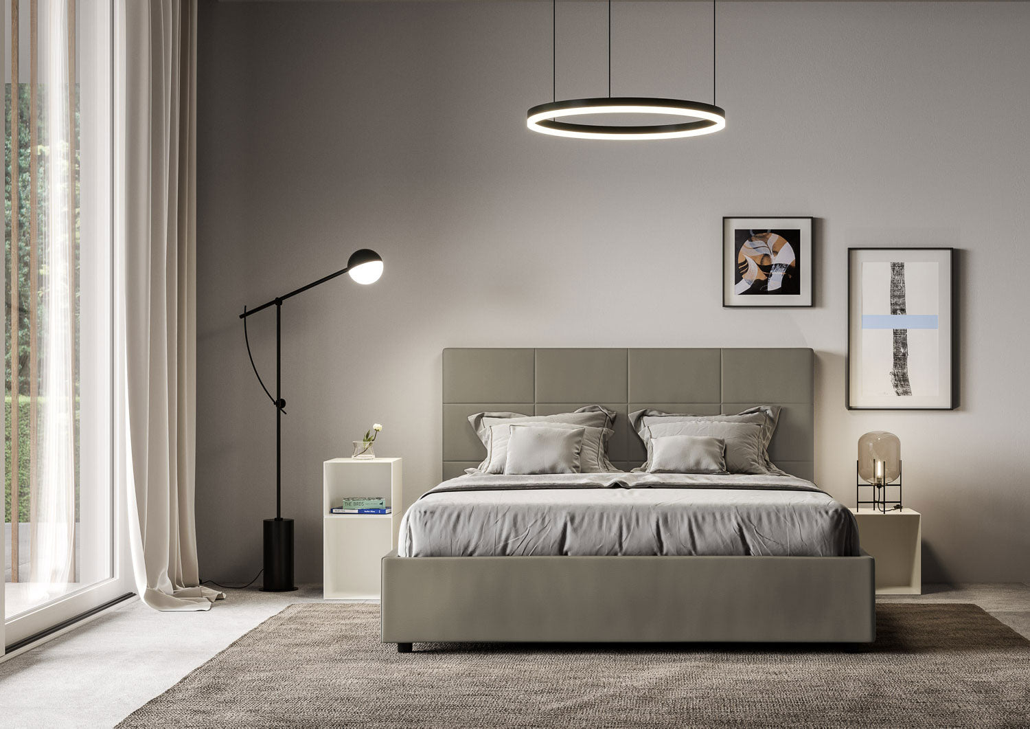 BS COM Letto matrimoniale contenitore doppia alzata imbottito 160x200 similpelle cappuccino
