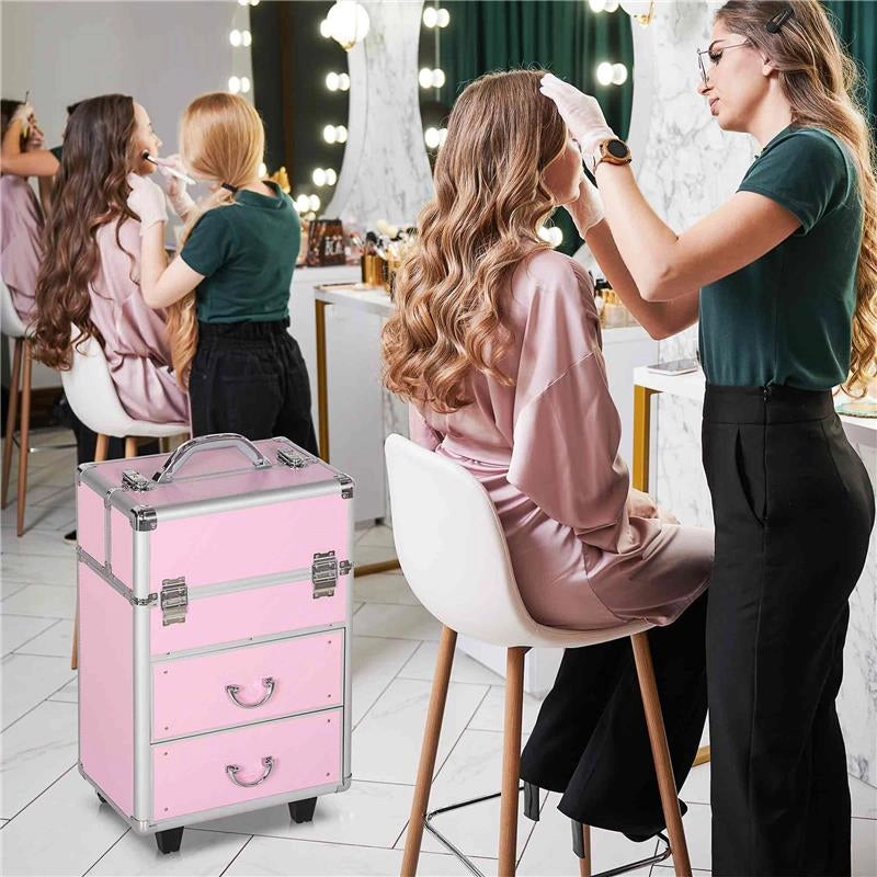 VALIGETTA PORTA TRUCCHI PROFESSIONALE, TROLLEY MAKE UP RINFORZATO CON BLOCCO A 2 CHIAVI E RUOTE, 36X23X58 CM, ROSA