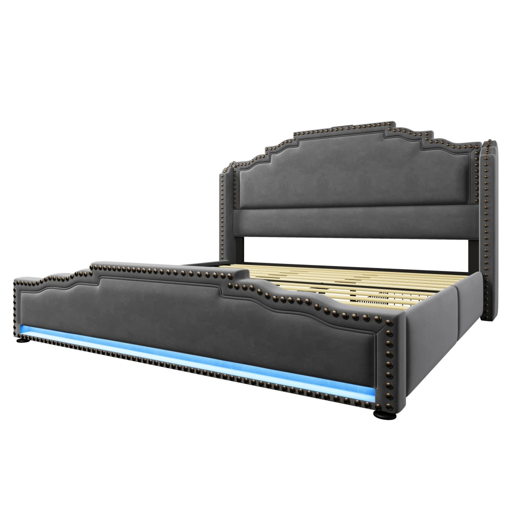 Letto matrimoniale 180x200 cm in velluto grigio con LED; USB e 4 cassetti