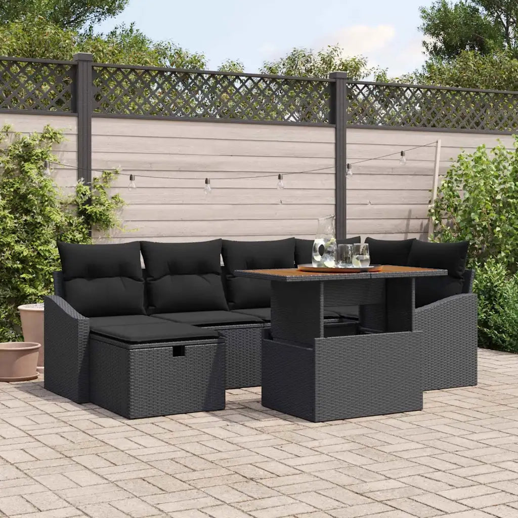 Set Divano da Giardino con cuscino 7 pcs Nero polyrattan