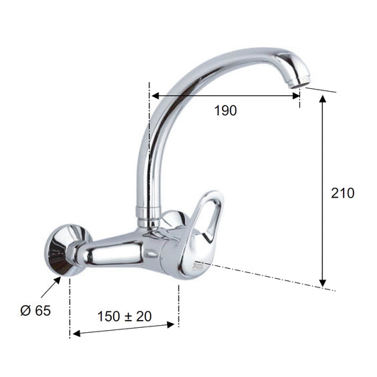 Rubinetto per lavello a muro cromato con leva e bocca alta girevole - serie kiss
