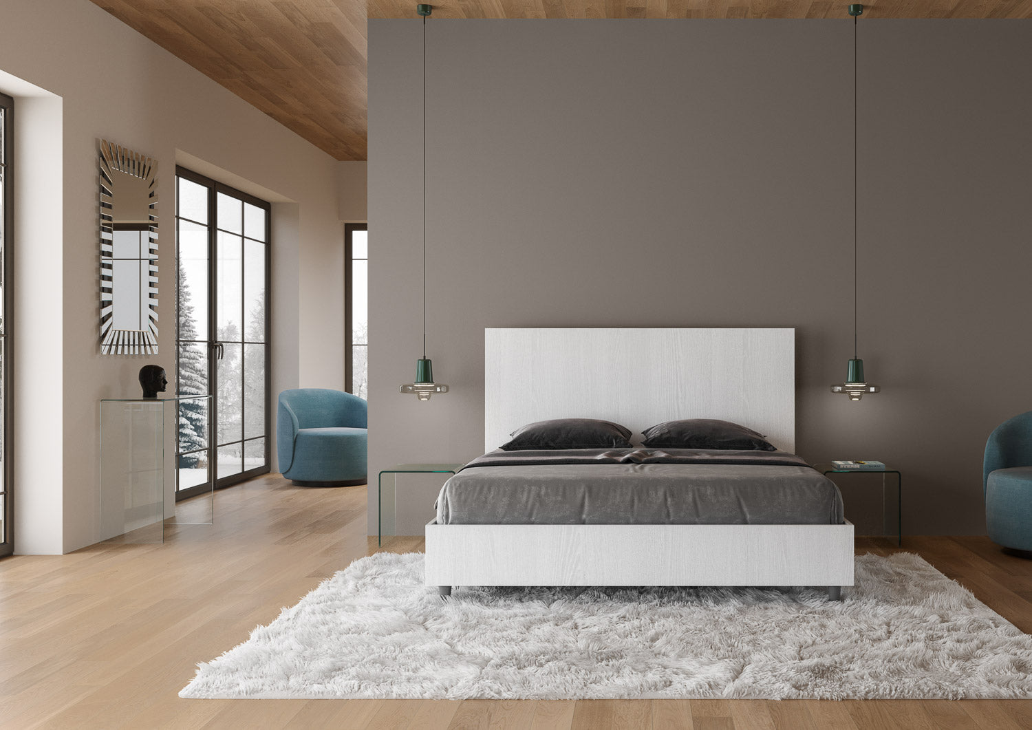 BS COM Letto matrimoniale contenitore doppia alzata 160x200 bianco frassino