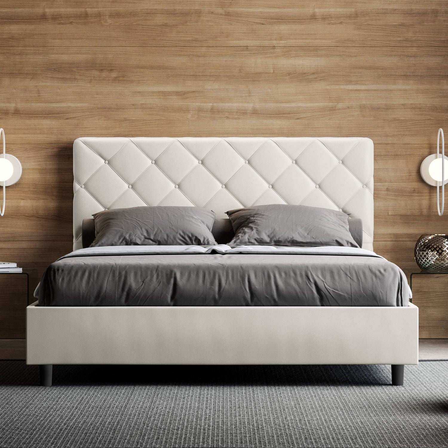 BS COM Letto matrimoniale contenitore doppia alzata imbottito 160x200 similpelle bianco